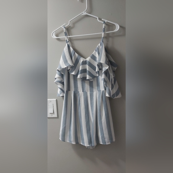 Lulus Beach House Blue and White Striped Off-the-Shoulder Romper, Size XS - Picture 4 of 8